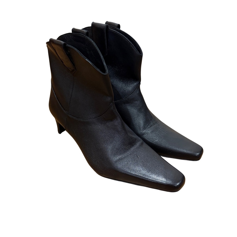 STAUD Black Leather Ankle Boots Western Kitten Heel Square Toe Size 36.5 US 6.5